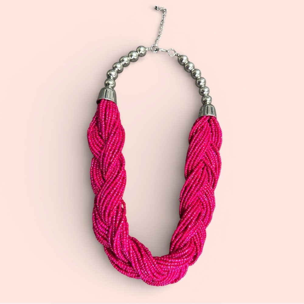 Vintage Pink‎ Glass Beaded Braided Necklace